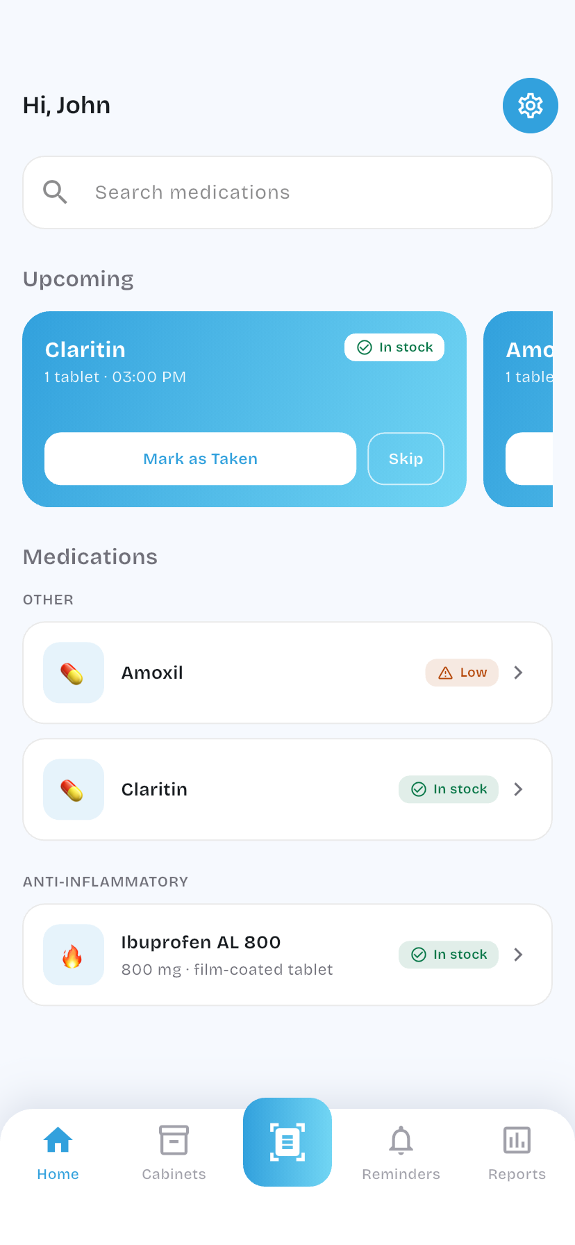 Home screen with medications and today's doses